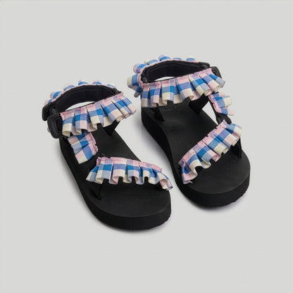 (JaeDals x Solulu) Blue Pink Checks Frills JaeDals